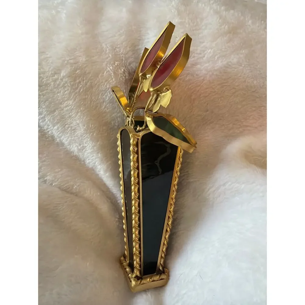 Rare Vintage Stained Glass Style Red Tulip Flower Vase Gold Tone Decor
